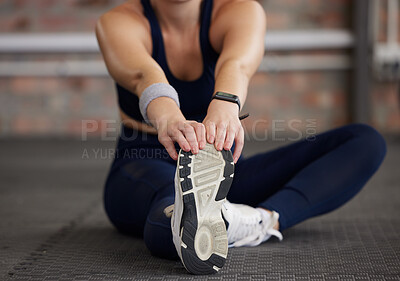 Buy stock photo Woman, legs and stretching in fitness gym for workout, training and exercise muscle pain, tension release and body healthcare wellness. Sports athlete, personal trainer and coach in warm up routine