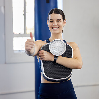 Buy stock photo Woman, gym portrait and thumbs up with scale, wellness and weight loss goal for health, body or fitness. Girl, healthy and workout to lose weight, exercise or focus on anatomy, self care or happiness