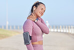 Fitness runner, injury and woman with neck pain problem from workout, outdoor running or exercise. Sky, athlete training accident or sports girl with muscle strain, medical crisis or health emergency