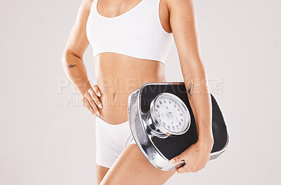 Buy stock photo Weight loss, fitness and body of woman with scale in studio for wellness, body care and healthy lifestyle. Nutrition, diet and torso of girl in underwear for balance in training, exercise and workout