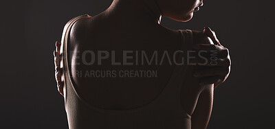 Buy stock photo Woman, body and beauty with dark silhouette and mysterious aesthetic against black studio background. Skincare, cosmetic care and sensual sexy woman back view with cosmetics treatment mockup