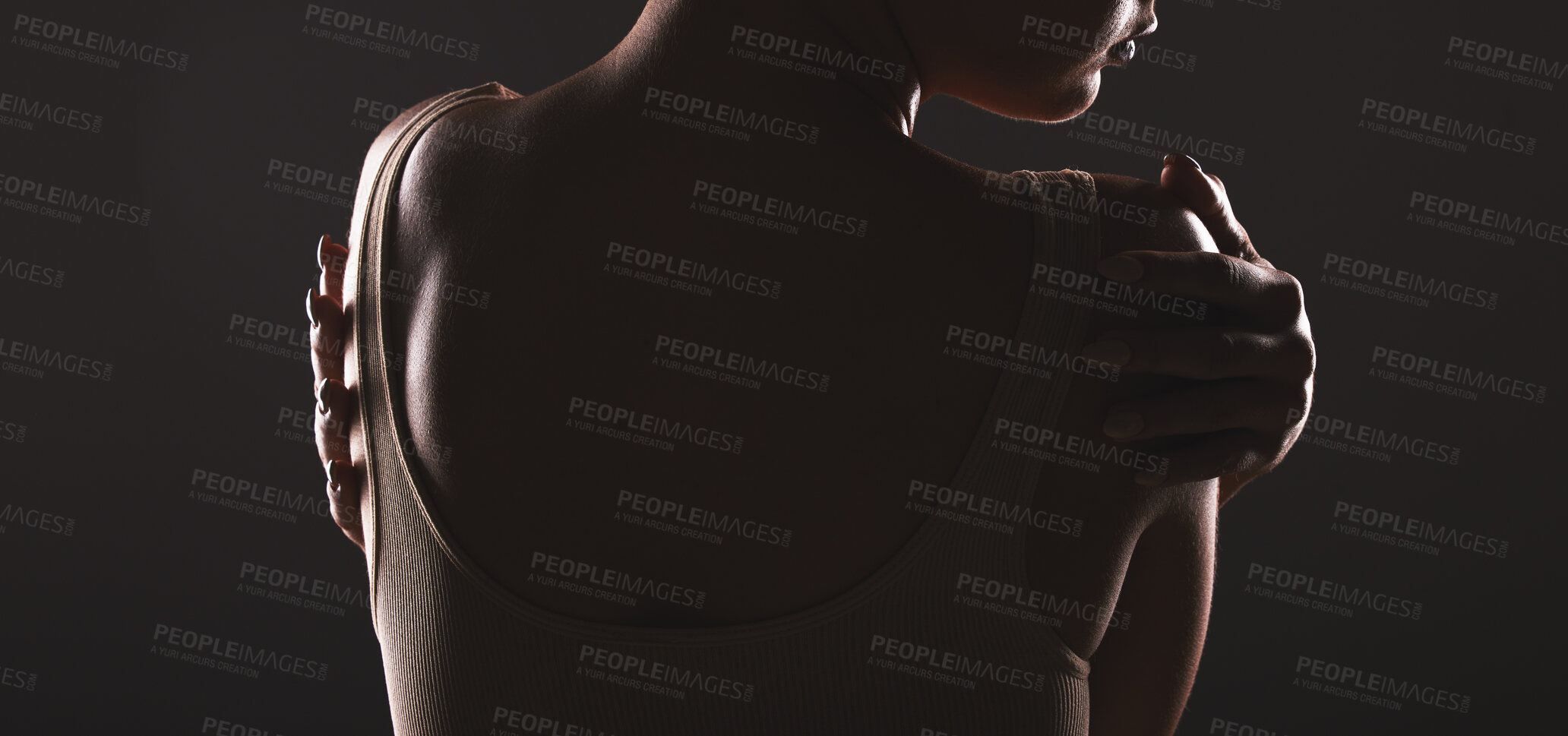 Buy stock photo Woman, body and beauty with dark silhouette and mysterious aesthetic against black studio background. Skincare, cosmetic care and sensual sexy woman back view with cosmetics treatment mockup