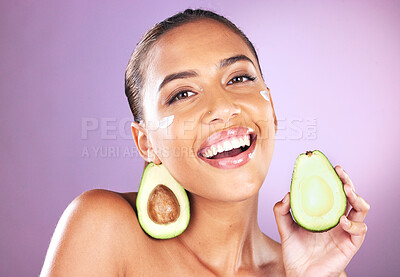 Buy stock photo Avocado, cream and skincare woman in studio portrait for face glow, healthy shine and cosmetics advertising mockup. Black woman model with nutrition, vegan fruit for dermatology product and self love