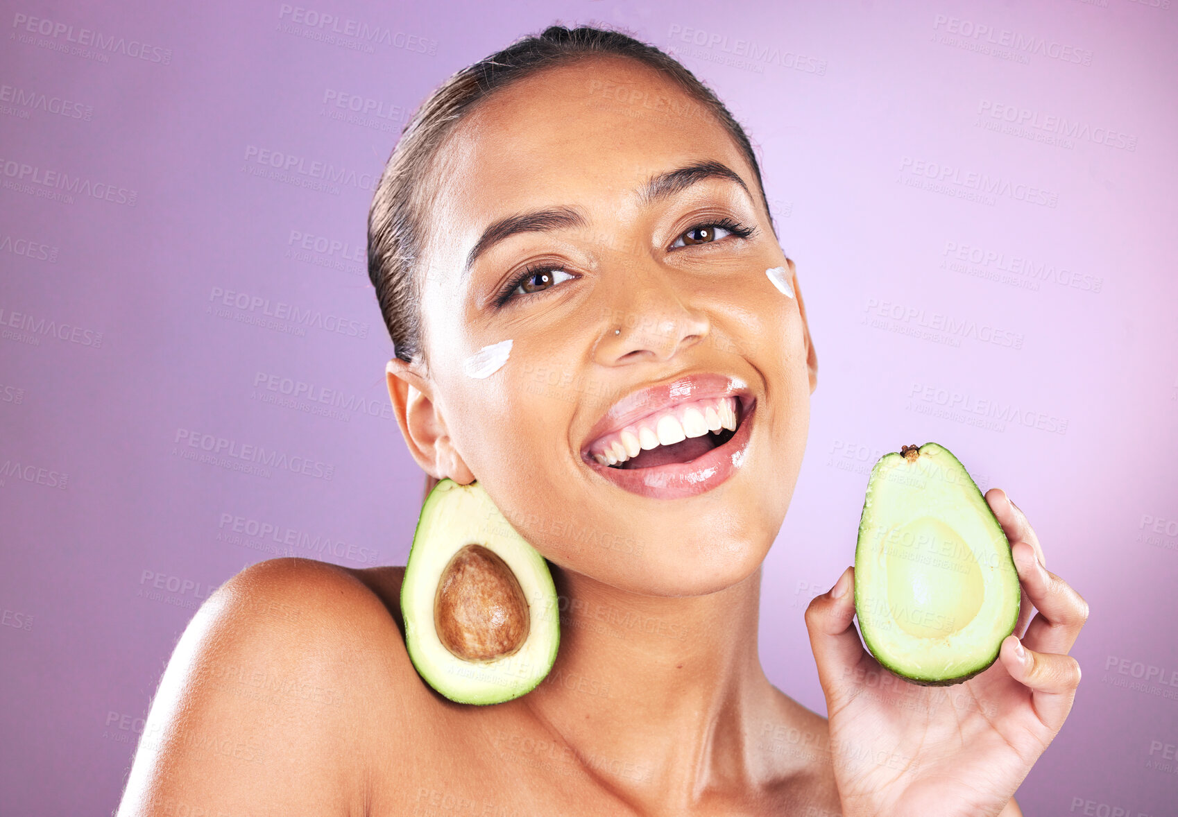 Buy stock photo Avocado, cream and skincare woman in studio portrait for face glow, healthy shine and cosmetics advertising mockup. Black woman model with nutrition, vegan fruit for dermatology product and self love