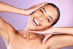 Skincare, beauty and woman with hands on face for luxury spa, beauty products and dermatology. Cosmetics, makeup and happy girl on purple background for wellness, facial treatment and aesthetic