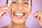 Woman portrait, face or flossing teeth on studio background for dental hygiene maintenance, self care grooming or healthcare wellness routine. Zoom, happy smile or model  cleaning mouth with product