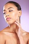 Skincare, beauty glow and woman thinking of makeup, advertising cosmetics and body wellness on a purple studio background. Spa, dermatology and cosmetic model marketing facial cosmetology treatment