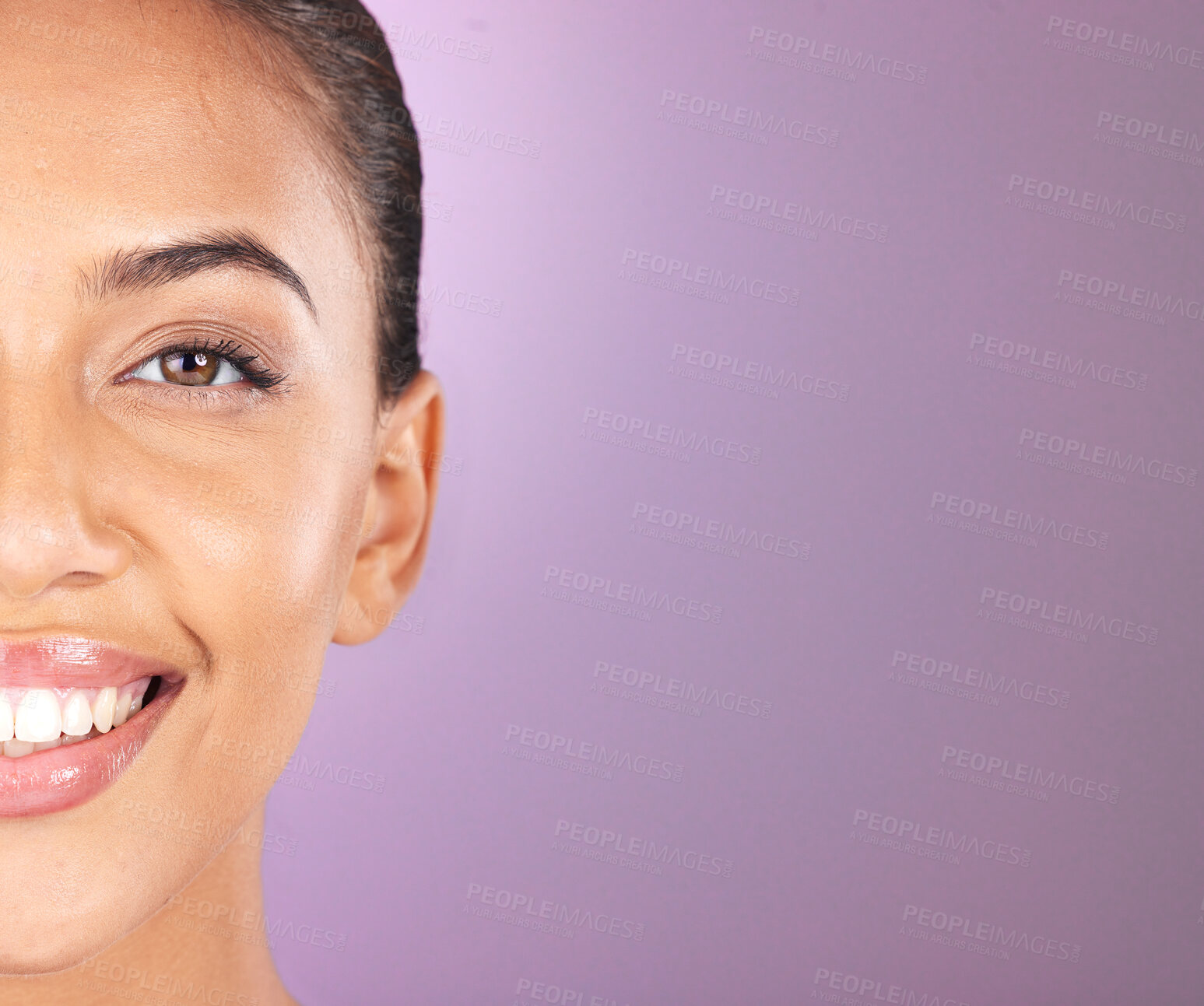 Buy stock photo Portrait, eye or woman half face and teeth mockup for cosmetic care, facial beauty or skincare against studio background. Zoom cosmetics, smile or happy girl for wellness, spa aesthetic or skin glow