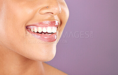 Buy stock photo Happy woman, face or dental care on purple studio background or teeth whitening, invisible braces treatment or grooming. Zoom on beauty model smile or cosmetic mouth hygiene and healthcare cleaning 