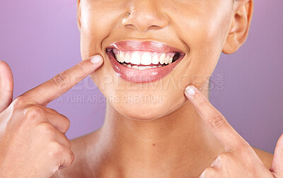 Buy stock photo Happy woman, face or dental care on purple studio background or teeth whitening, invisible braces treatment or grooming. Zoom on beauty model smile or cosmetic mouth hygiene and healthcare cleaning 