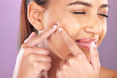 Buy stock photo Woman, face and squeeze pimples, acne and facial scar on studio purple background. Closeup young female model scared of skincare problem, aesthetic beauty cosmetics and press blackhead with fingers