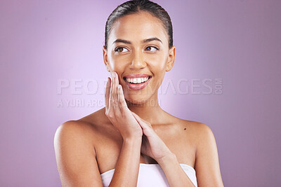 Buy stock photo Skincare, beauty and black woman in studio for cosmetics, makeup or facial wellness on marketing mockup space with pink background. Youth, glow and shine of model happy with dermatology face results