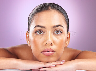 Face, woman and beauty skincare and portrait, microblading with makeup and natural cosmetics against purple background. Eyes, vision and healthy skin glow, shine and cosmetic care, lashes and lips