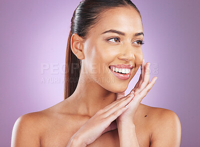 Buy stock photo Skincare, beauty and black woman in studio for cosmetics, makeup or facial wellness on marketing mockup space on purple background. Youth, glow and shine of model happy with dermatology face results