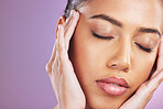 Beauty, face or woman in studio with skincare cosmetics for natural beautiful smooth glowing skin. Eyes closed, hands or zen young girl model grooming with healthy luxury facial products for wellness