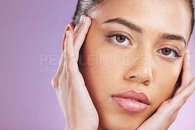 Buy stock photo Skincare, beauty and woman with hands on face for makeup, beauty products and dermatology. Cosmetics, luxury and portrait girl on purple background for wellness, facial treatment and spa aesthetic
