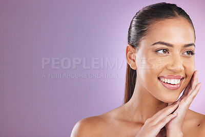 Buy stock photo Skincare, beauty and woman with hands on face for cosmetology, beauty products and dermatology. Cosmetics, makeup and happy girl on purple background for wellness, facial treatment and spa aesthetic