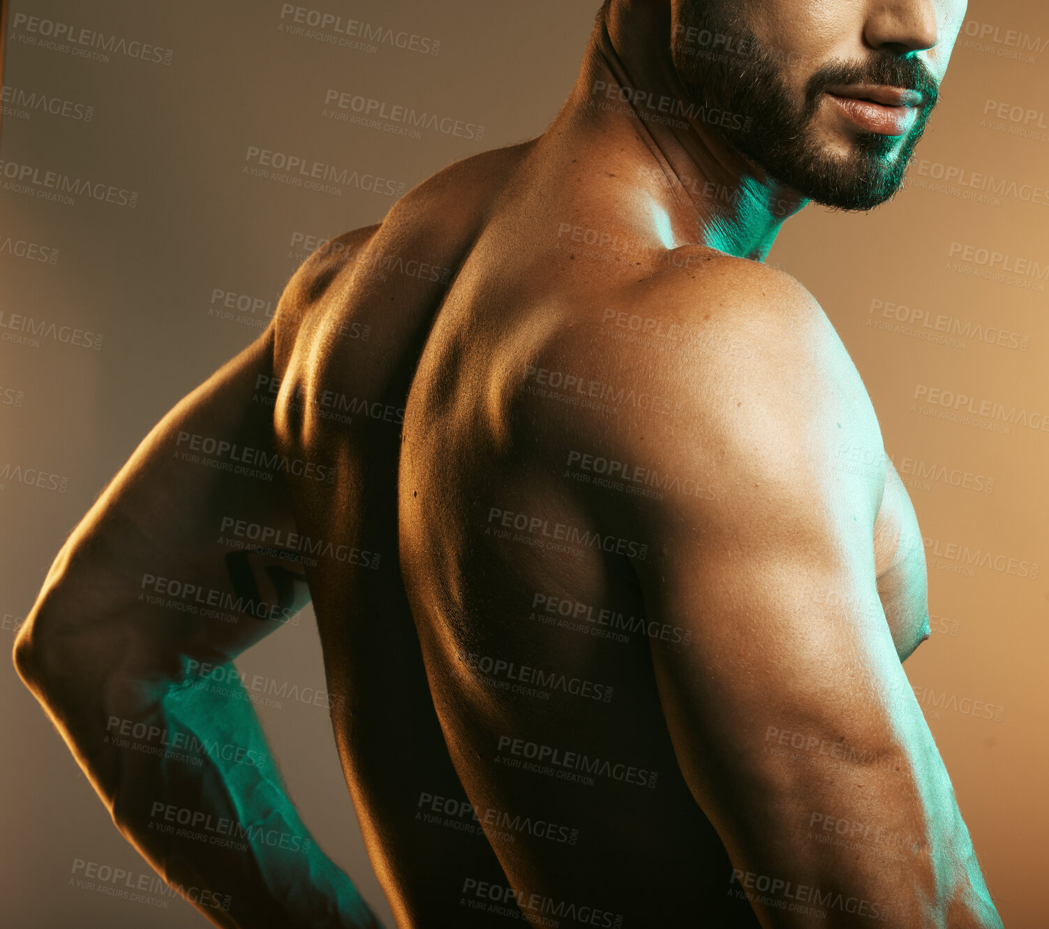 Buy stock photo Man, body or back muscles on studio background with creative light aesthetic, training goals or workout progress. Zoom, skin or bodybuilder fitness model for healthcare wellness or exercise strength