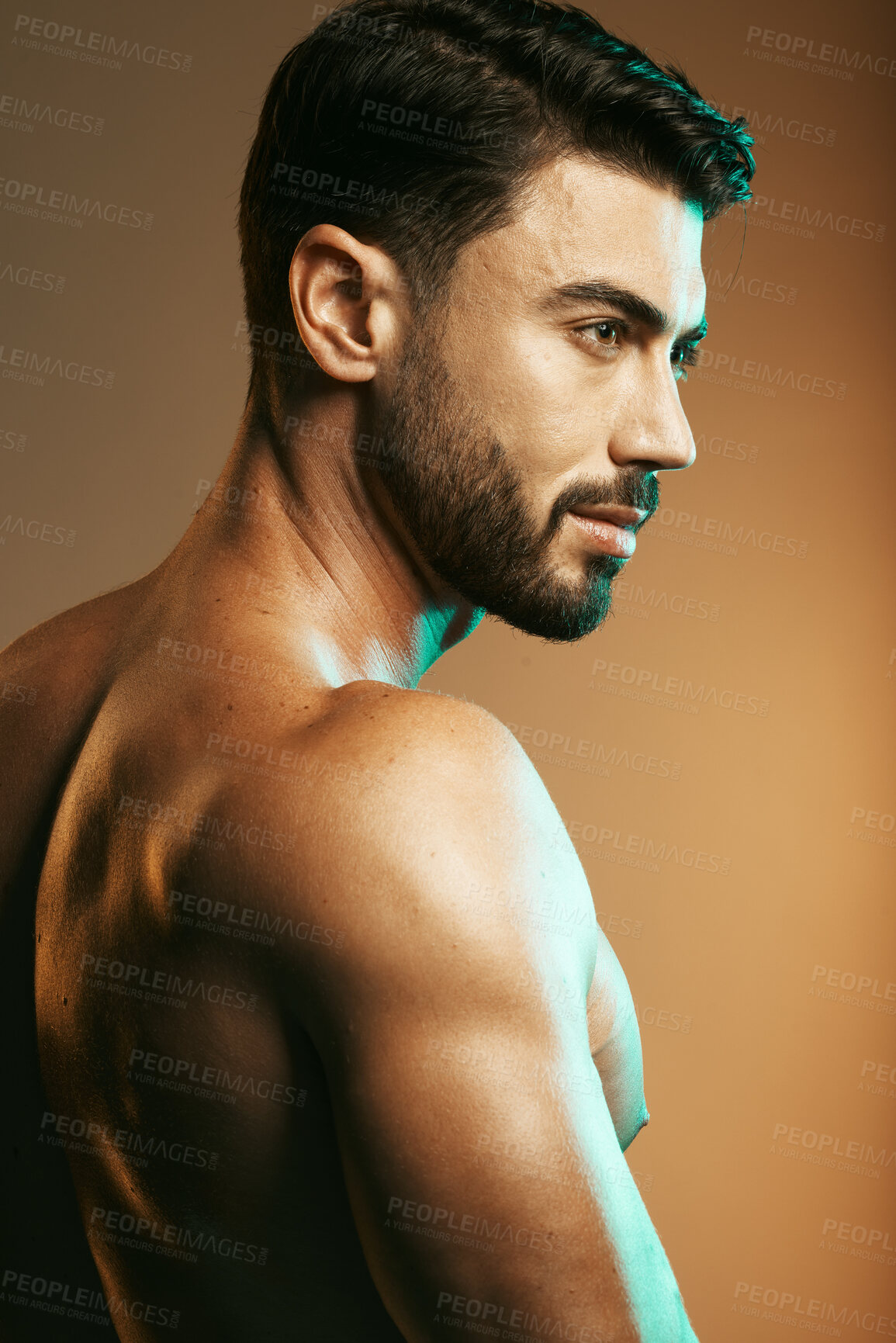 Buy stock photo Man, beauty and body in studio with muscle, strong and wellness with vision, goal and cosmetics by backdrop. Young model, skincare and glow with health, aesthetic and self care by studio background