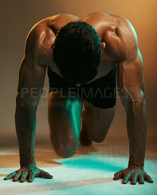 Buy stock photo Fitness neon, exercise push up and man in studio isolated on brown background. Sports, wellness and male model or  bodybuilder exercising, workout or training pushup for heath, body care and strength