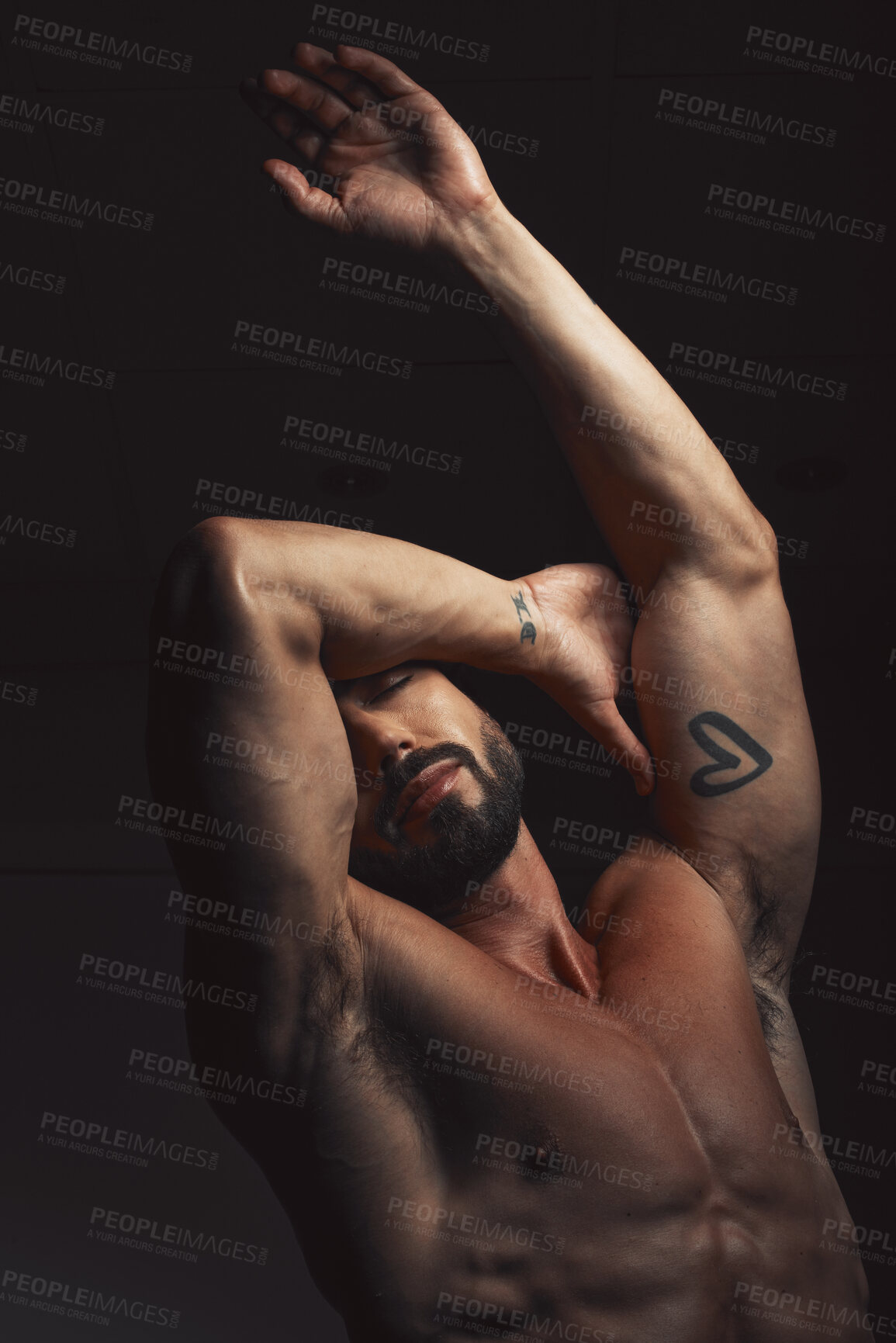 Buy stock photo Man, body or muscle on black background in studio for fitness goals, workout or training motivation and healthcare wellness check. Bodybuilder, sports athlete or model flexing on aesthetic backdrop