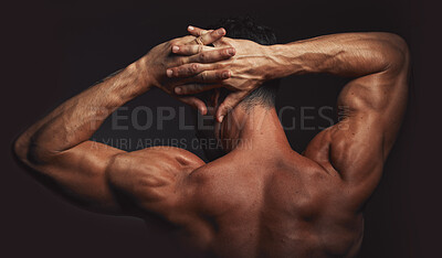 Buy stock photo Man, body or back muscle on black background in studio fitness goals, workout or training motivation and healthcare wellness check. Bodybuilder, sports athlete or model flexing on aesthetic backdrop