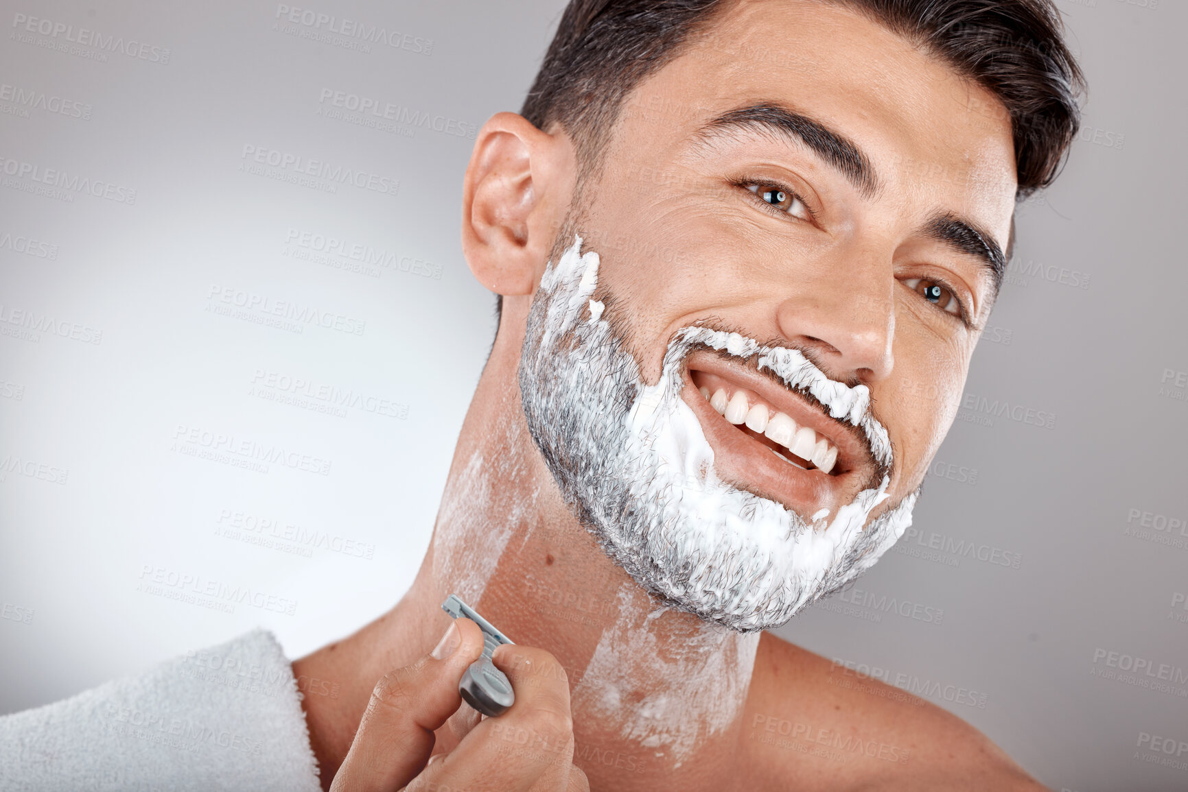 Buy stock photo Grooming, foam and shaving with face of man with razor for beauty, hygiene and skincare with morning routine. Self care, facial and shave beard with model and cream product for wellness and cleaning