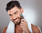 Razor, beauty or man in studio to shave beard with a happy smile in grooming marketing razor hair care products. Face, wellness or healthy male model shaving for skincare in routine treatment