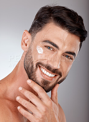 Buy stock photo Man, face and cream for skincare and beauty closeup with sunscreen, facial portrait and moisturizer. Lotion, skin wellness and glow with happy model, cosmetic care mockup against studio background