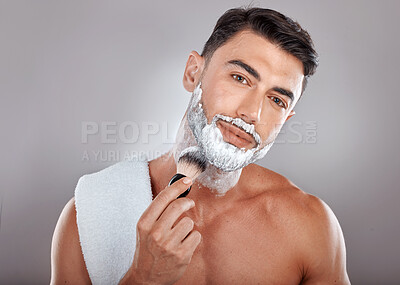 Buy stock photo Man, portrait and shave foam for cleaning, grooming hygiene and skincare wellness or cosmetics treatment. Shaving brush, facial cream and dermatology skin or beard cleansing for face hair removal