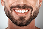 Smile, mouth and teeth whitening of man on studio background of wellness. Closeup male model face with clean dental, fresh breath and happy tooth implant, aesthetic beauty or healthy cosmetic results