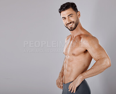 Buy stock photo Fitness, health and beauty with portrait of man and mockup for product, muscle and sports training. Skincare, workout and exercise with bodybuilder model for power, energy and wellness in studio