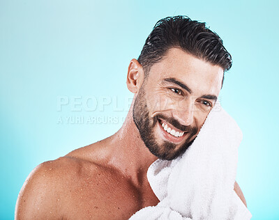 Buy stock photo Shower, towel and man cleaning face during morning dermatology treatment, luxury bathroom routine or beauty self care. Spa salon, wellness and model with skincare glow, facial healthcare and hygiene