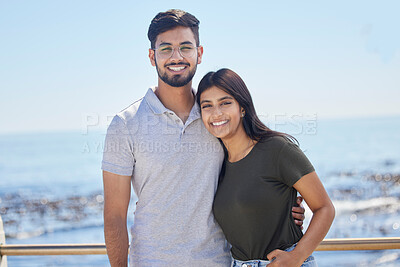 Buy stock photo Love, ocean portrait and couple hug, relax and enjoy outdoor quality time together for peace, freedom and romantic date. Beach, sea and man and woman bond on travel holiday in Rio de Janeiro Brazil
