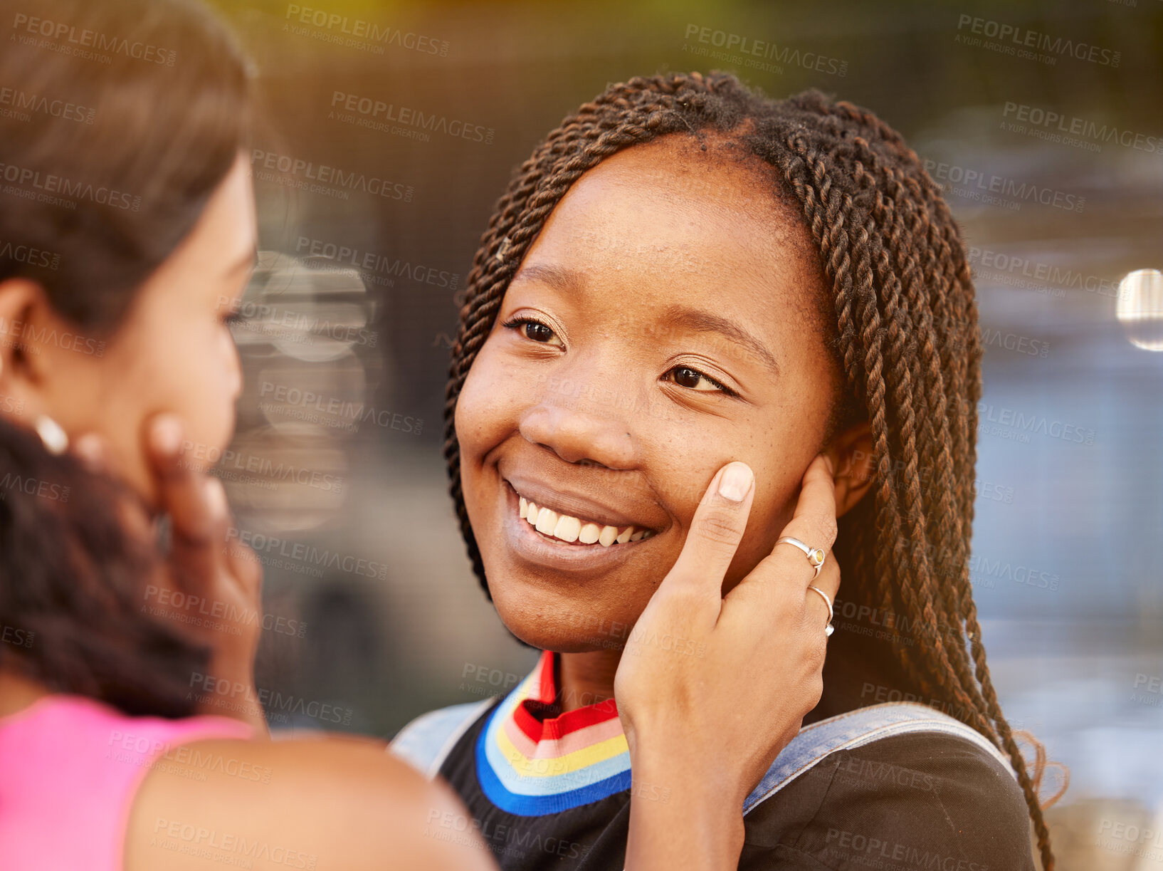 Buy stock photo Lesbian love, couple and pride with lgbtq, same sex relationship and commitment with face touch and care. Homosexual, close face and freedom with happy gay women, smile and lgbt community 