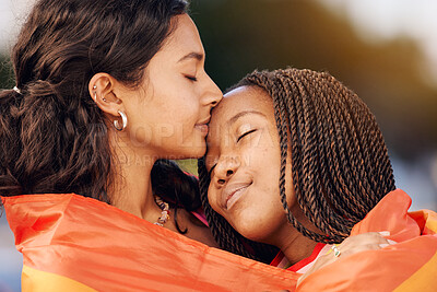 Buy stock photo Hug, love and lgbtq couple with a flag for sexuality pride, relationship freedom and comfort with partner in city of New Zealand. Diversity, affection and gay lesbian women with freedom in community