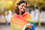 Love, nature and portrait of woman with pride flag, smile happy non binary lifestyle of freedom, peace and equality in Brazil. Trees, sun and summer, happy woman in lgbt community with gay pride flag