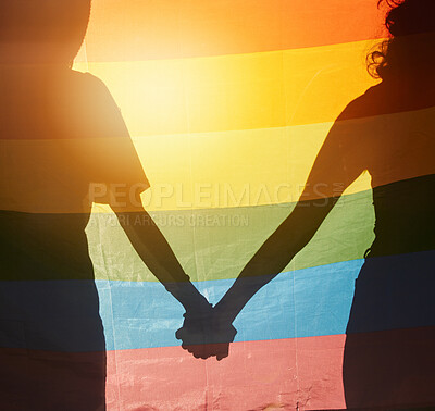 Buy stock photo LGBT, rainbow flag and couple silhouette holding hands for gay pride, non binary support or lesbian love. LGBTQ community, overlay and queer people together in solidarity, partnership and equality