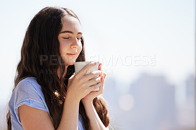 Buy stock photo Woman, coffee and relax outdoor for calm freedom, peace summer vacation or travel holiday with closed eyes.  Sunshine, drinking tea and young girl relaxing, thinking and breathing fresh morning air