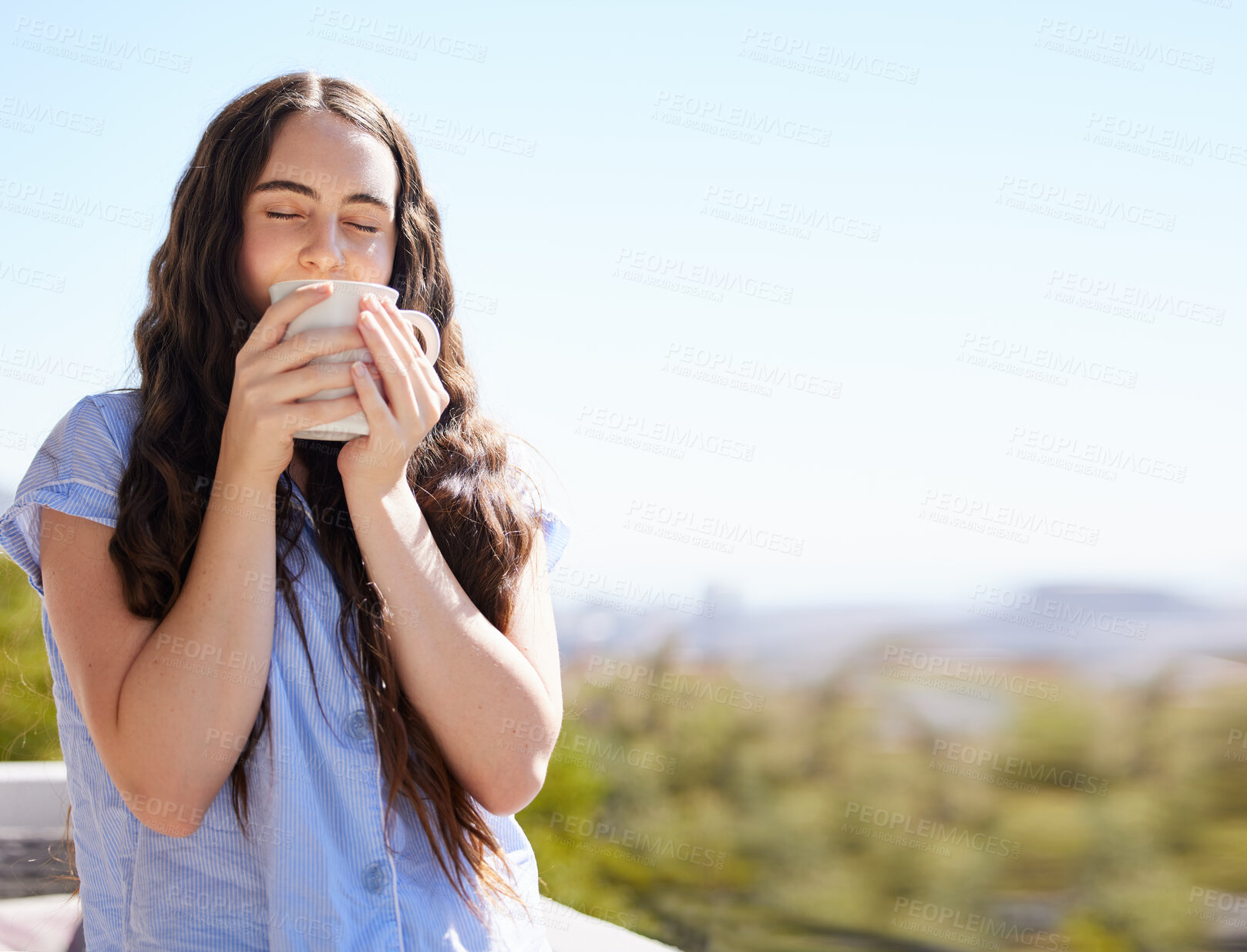 Buy stock photo Woman, coffee and relax outdoor for calm freedom, peace travel vacation or summer holiday in nature with closed eyes.  Sunshine, drinking tea and young girl relaxing, thinking and breathing fresh air