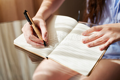 Buy stock photo Notebook, hands and woman with pen, journal and reflection with creative, ideas and thinking for writing. Writer closeup, inspiration and write list, planning and brainstorming with notes and paper