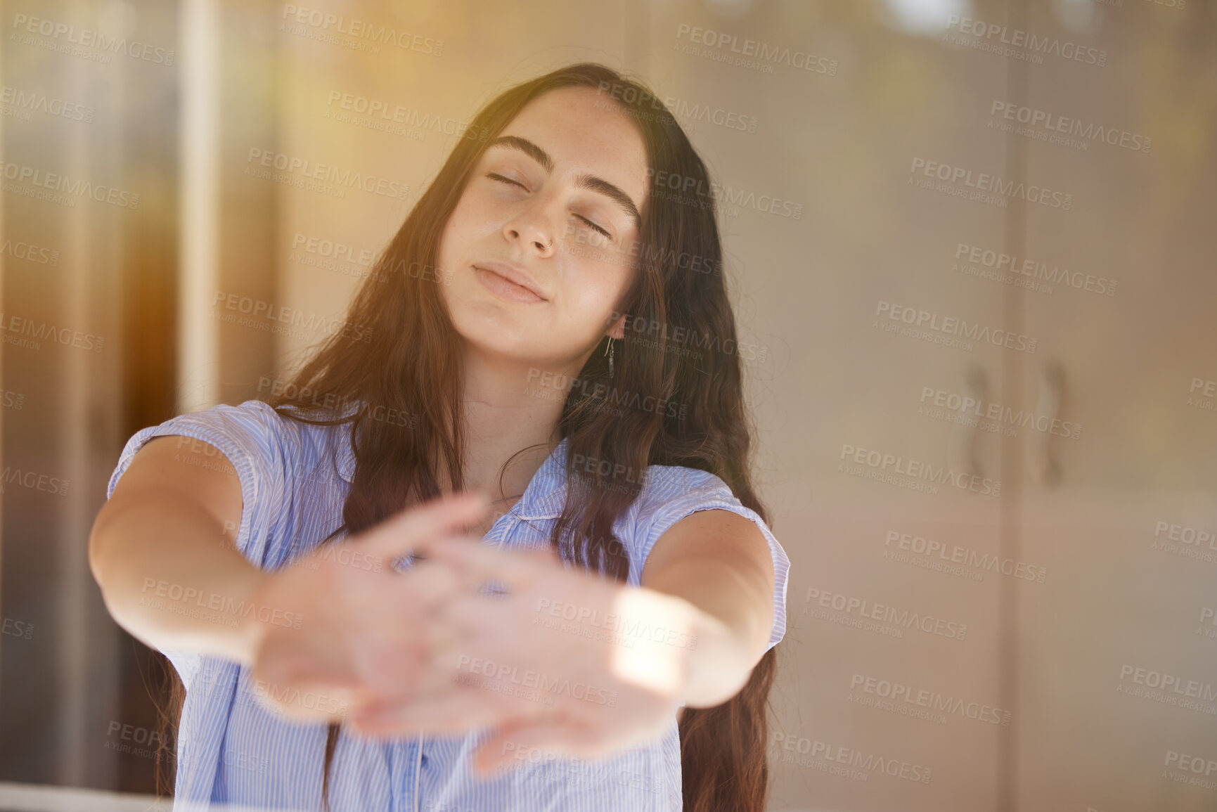 Buy stock photo Wake up, stretching and morning with a woman in a bedroom, sitting after sleeping or rest at home. Peace, relax and stretch with a female waking up in her bed feeling fresh on the weekend or time off