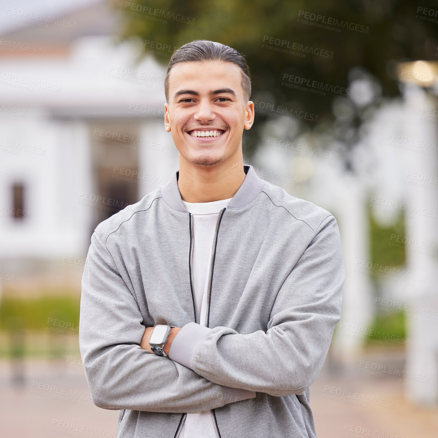 Buy stock photo Education, smile and college with portrait of man on campus with arms crossed for learning, scholarship or knowledge. Study, future or university with student back to school for academy, exam or goal