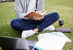 Study, laptop and student portrait in park writing at university, college or campus for research, planning schedule and scholarship. Relax person on grass learning on technology and notebook for exam