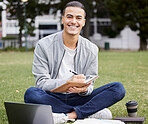 Study, laptop and student portrait in park writing at university, college or campus for research, planning schedule and scholarship. Happy man relax and learning with technology and notebook for exam