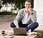 Education, laptop and student studying at college, online learning and exam preparation in Canada. School, scholarship and portrait of a man reading for research on a computer at university campus