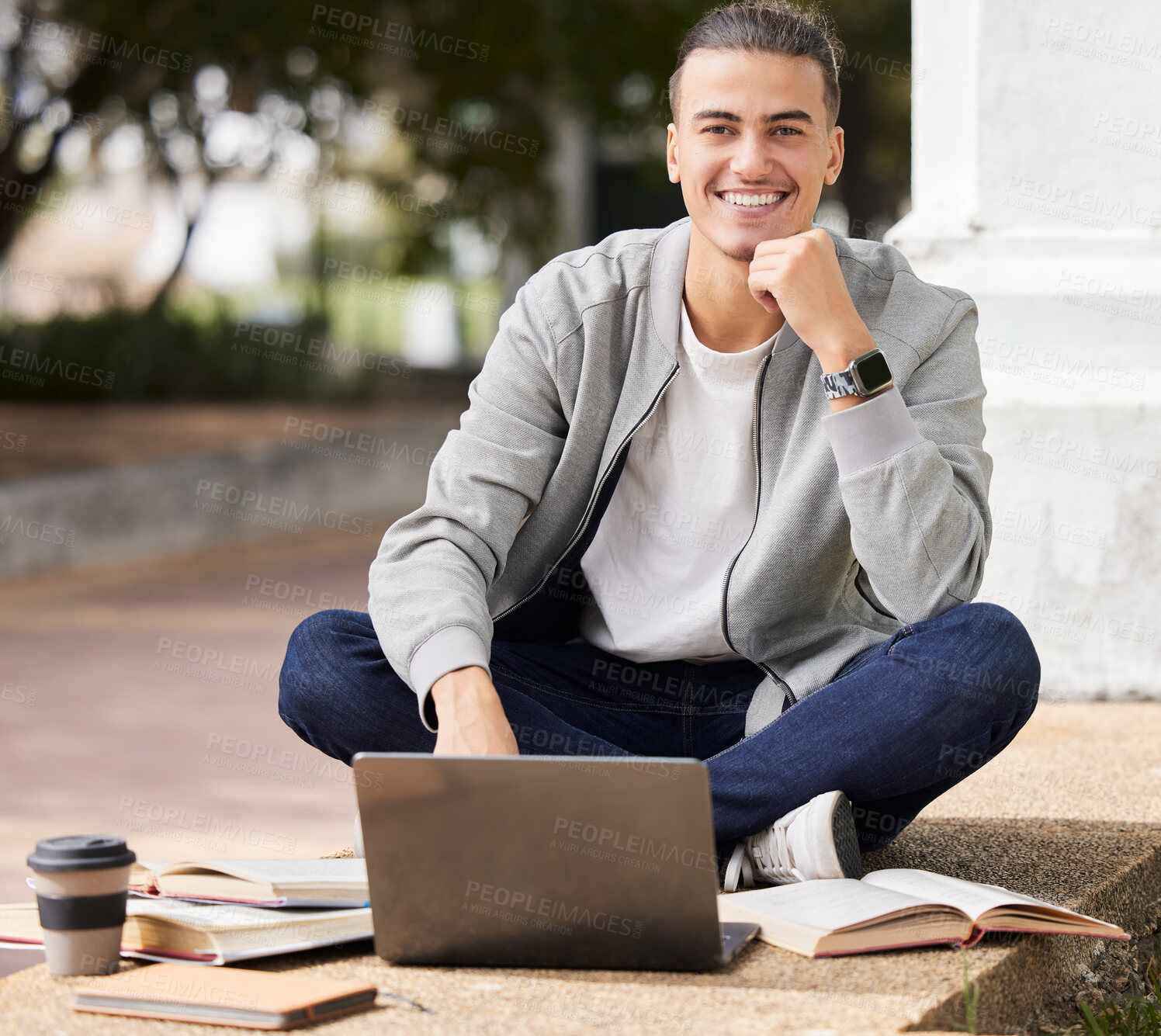 Buy stock photo Education, laptop and student studying at college, online learning and exam preparation in Canada. School, scholarship and portrait of a man reading for research on a computer at university campus