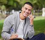 Phone call, park and student portrait writing in notebook at university, college or campus for research, planning schedule or scholarship. Man talking on phone and learning on grass for mental health