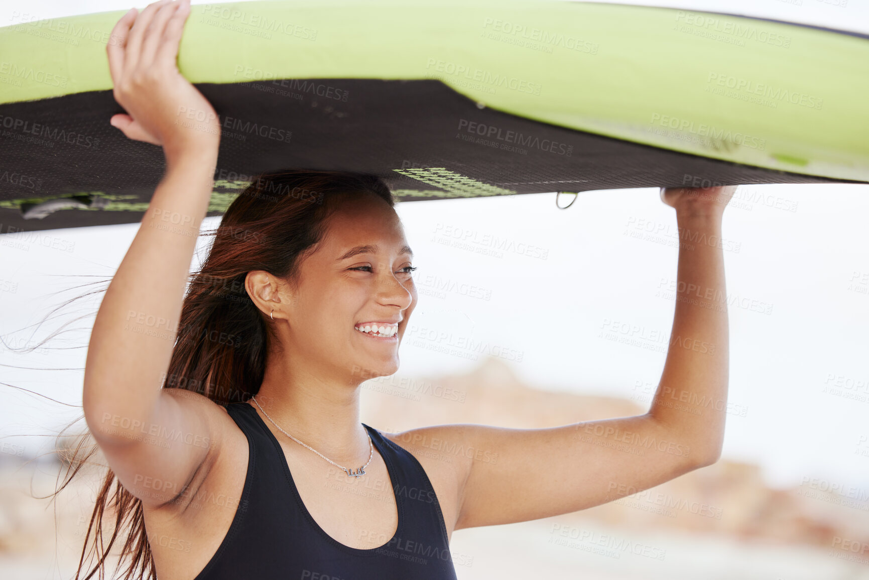 Buy stock photo Surfing, happy and woman at the beach with a board for water sports, fitness and summer freedom in Costa Rica. Smile, training and girl surfer with a paddle board for fun on a vacation at the sea