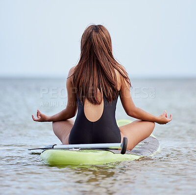 Buy stock photo Surfing, yoga and sea meditation of woman with peace, zen and relax energy for fitness, exercise and workout with mindfulness. Lotus, balance and meditate surfer rear in healing, wellness and health